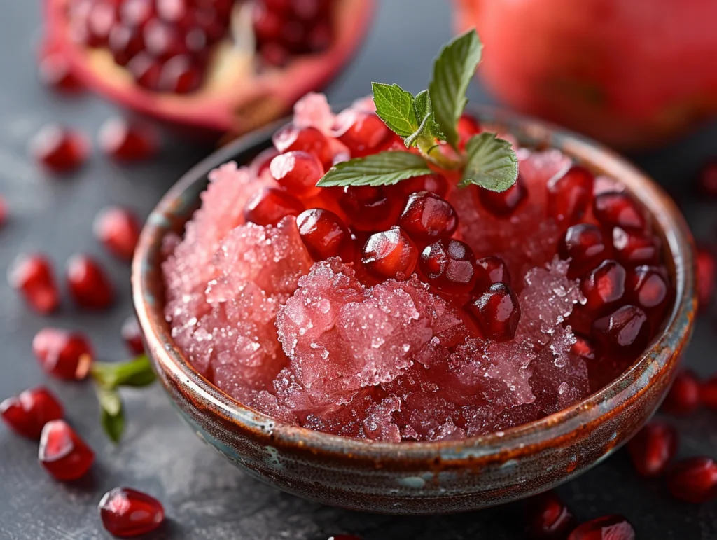 Granatapfel-Sorbet hat eine schöne rote Färbung und schmeckt erfrischend fruchtig.